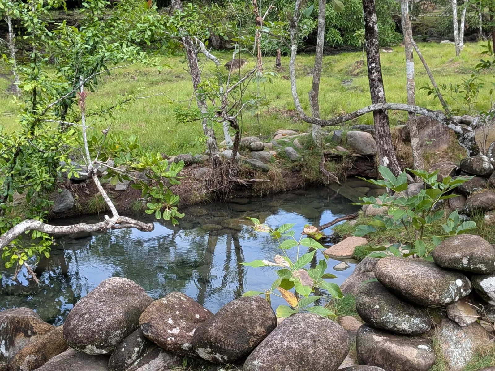 Two bathers relaxing in a bright, clear hot spring pool fed by a small stream