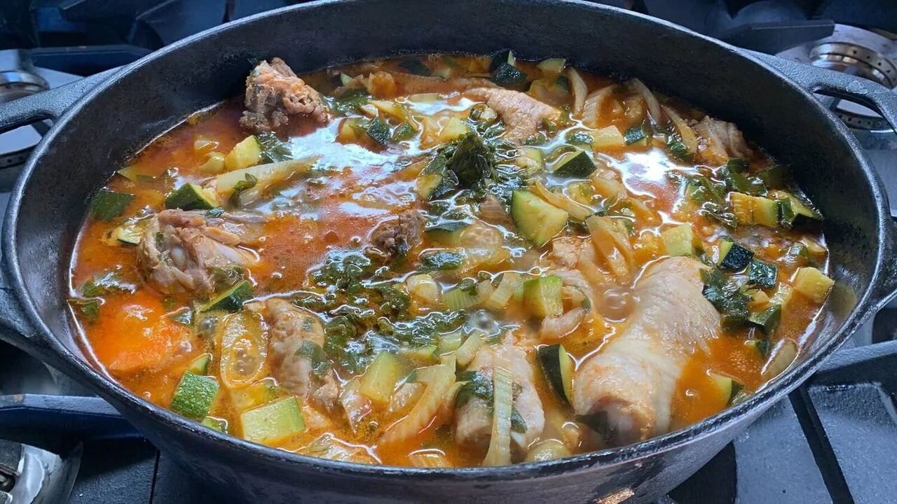 A chicken stew made with farm-grown vegetables