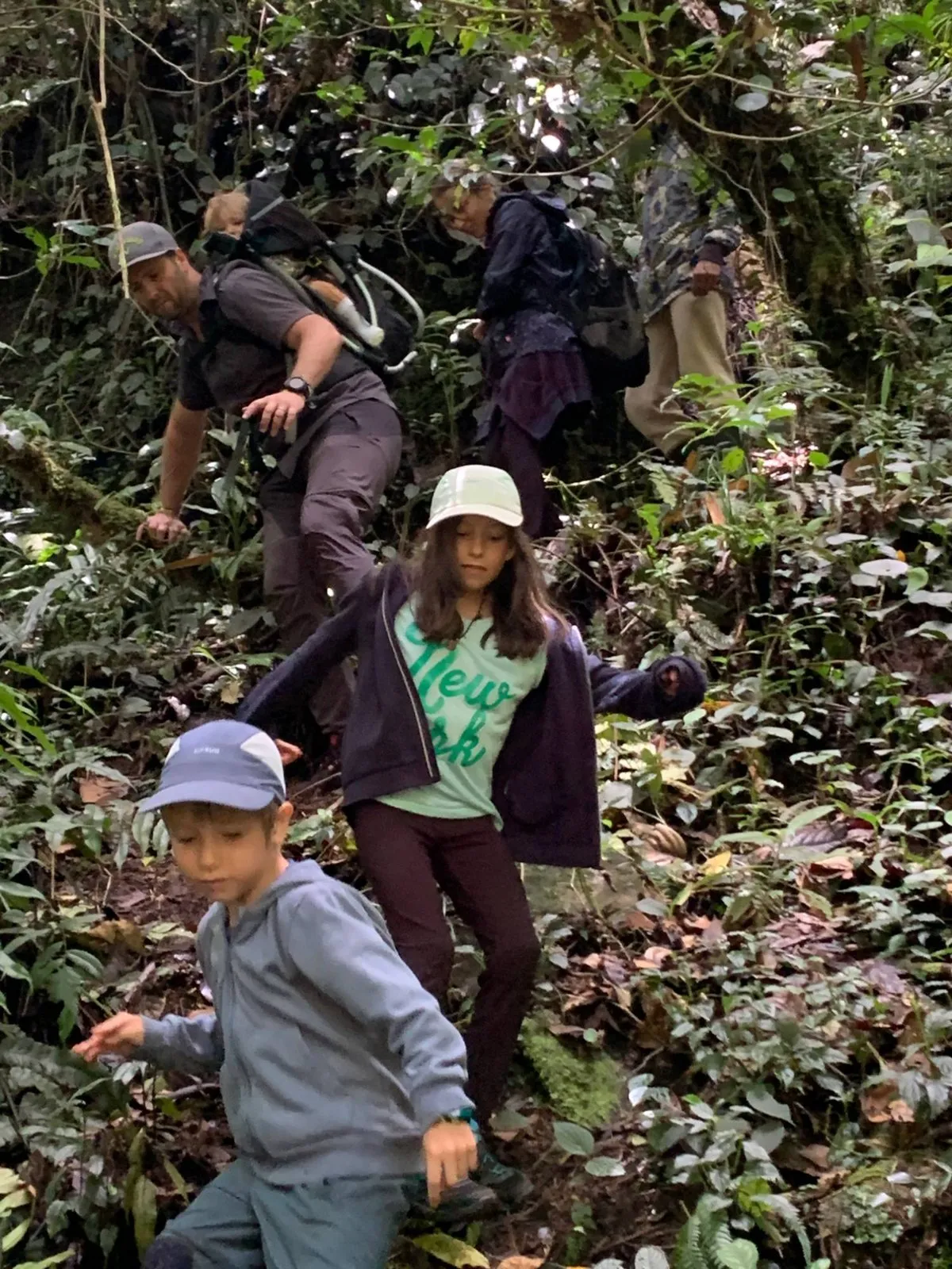 A family making their way down a steep forest trail