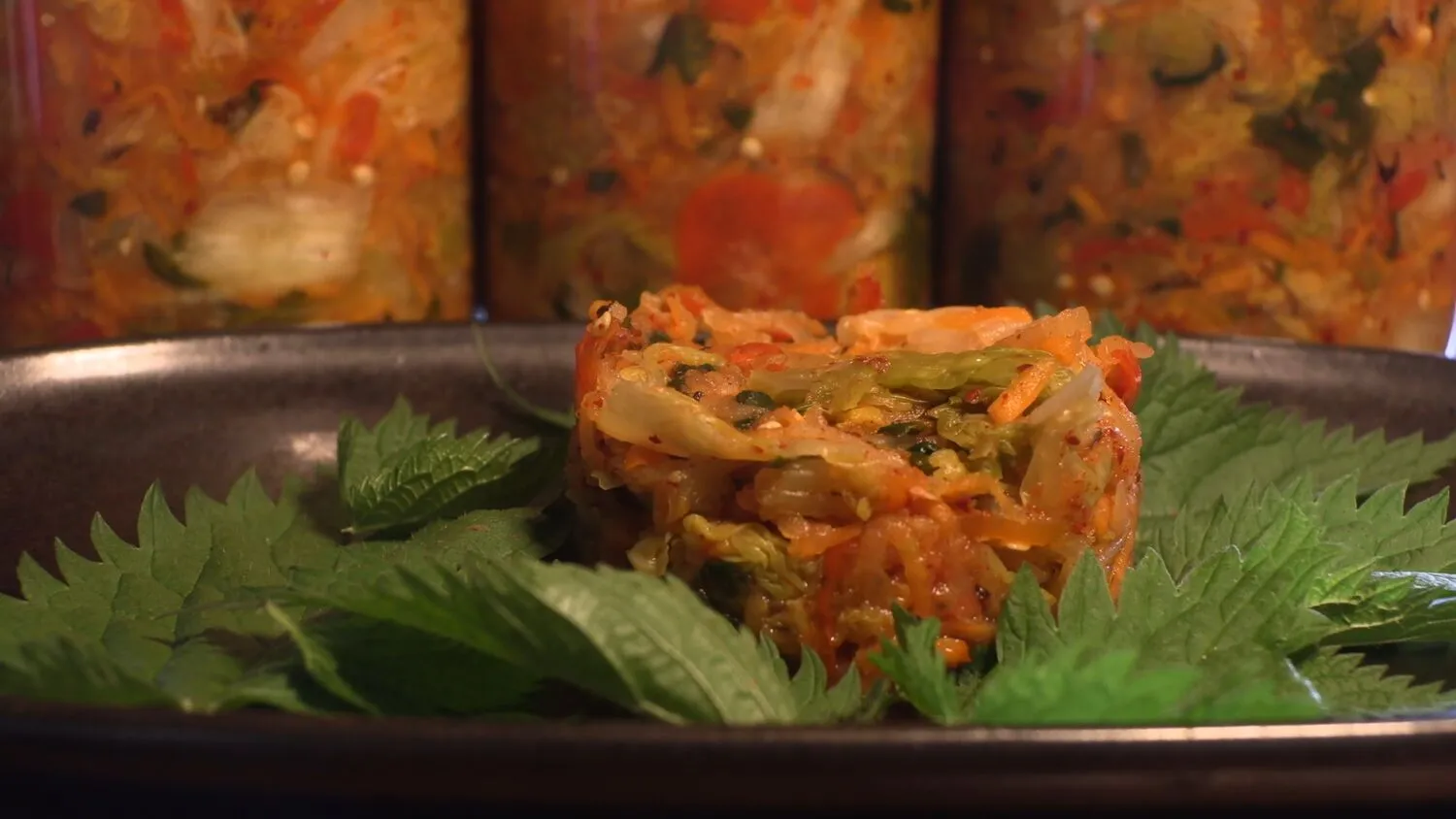 Plated garden kimchi with fermentation jars at Wild on the Farm
